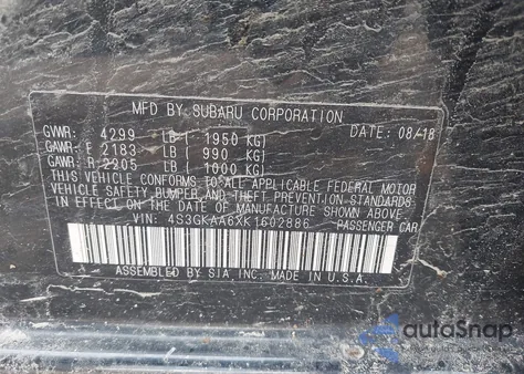 2019 Subaru Impreza 2.0I z USA, uszkodzony, nr VIN 4S3GKAA6XK1602886